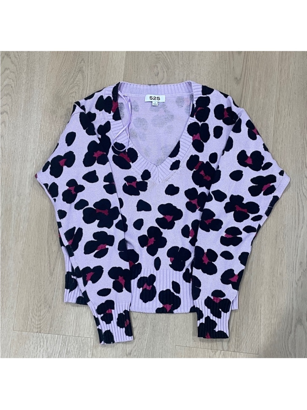 525 America Lavender V-Neck Leopard Spot Sweater with Navy & Fuchsia Accents